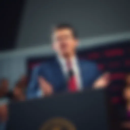 Donald Trump Jr. at a podium talking about the future of cryptocurrency in finance, with an audience in the background.