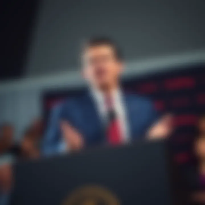 Donald Trump Jr. at a podium talking about the future of cryptocurrency in finance, with an audience in the background.
