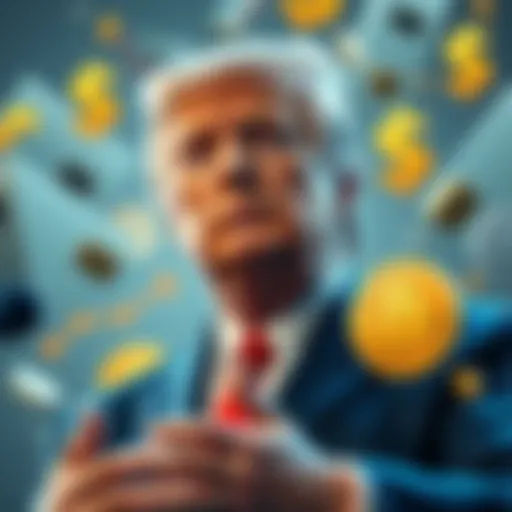 Former President Trump discusses a financial plan to assist Javier Milei's economy while addressing past crypto scandals, surrounded by economic symbols.