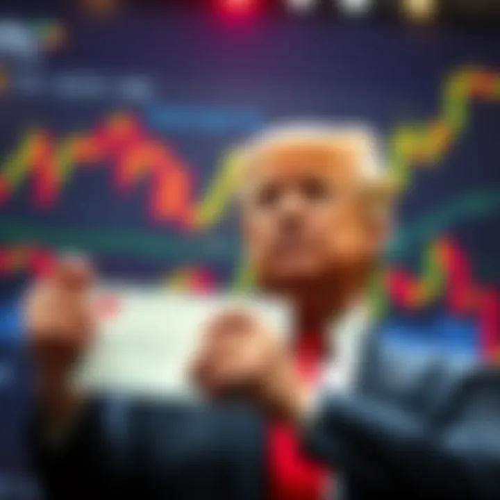 Former President Trump presenting a new tariff stimulus plan, with Bitcoin and stock market charts in the background.