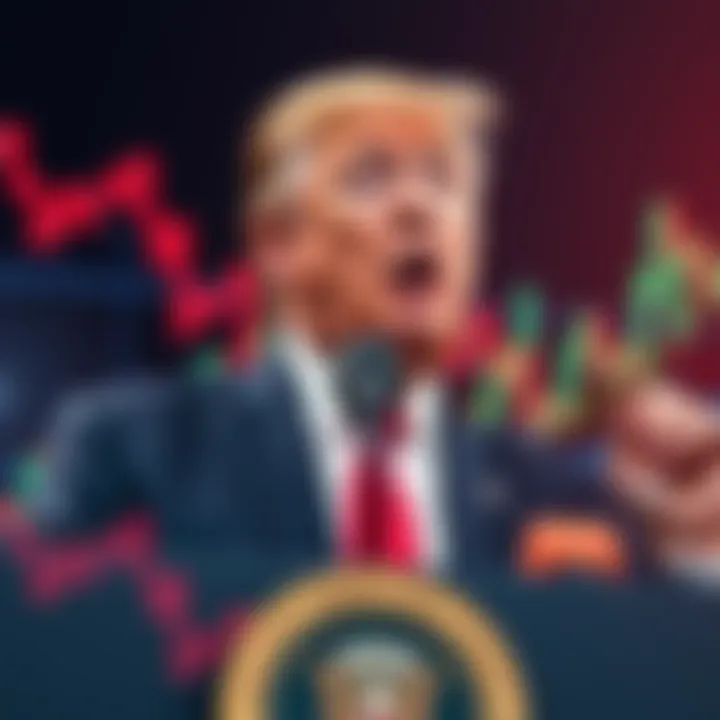 Donald Trump at a podium discussing China tariffs with a backdrop of falling cryptocurrency graphs.
