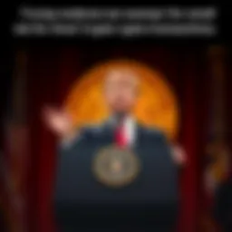 President Trump speaking about tax exemptions at a podium with a Bitcoin symbol in the background