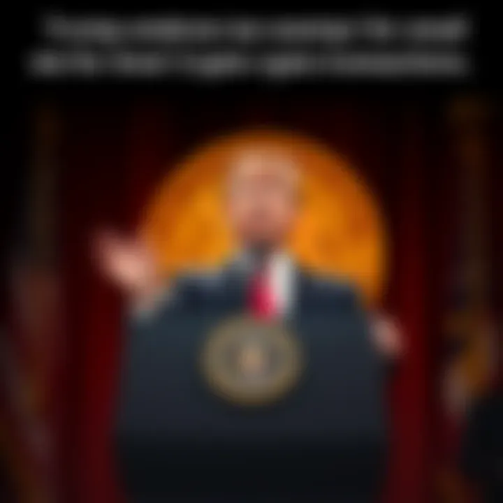 President Trump speaking about tax exemptions at a podium with a Bitcoin symbol in the background