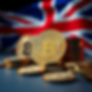 A graphic showing Bitcoin coins being sold with a U.K. flag in the background, representing the government's £5 billion Bitcoin liquidation.