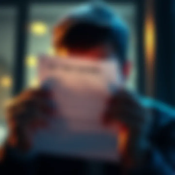 A person receives a warning letter from the UK tax authority regarding unpaid cryptocurrency gains, with a concerned expression on their face.