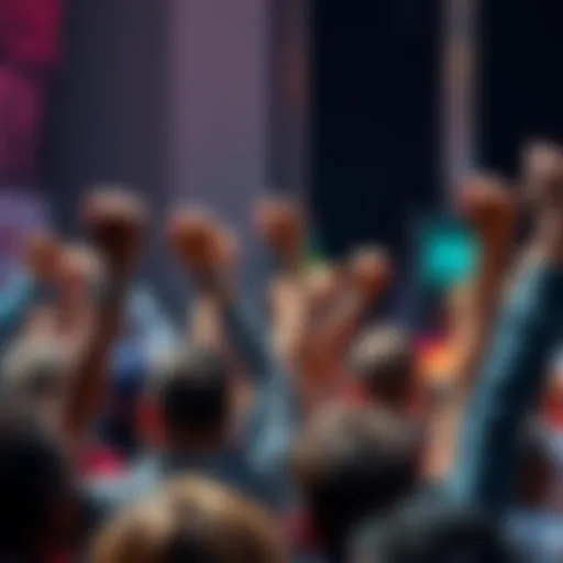 A diverse group of people gathered together, holding hands and raising fists in a show of solidarity, demonstrating a shared goal for change.