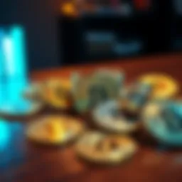 A collection of shiny coins representing upcoming cryptocurrency projects on a wooden table.