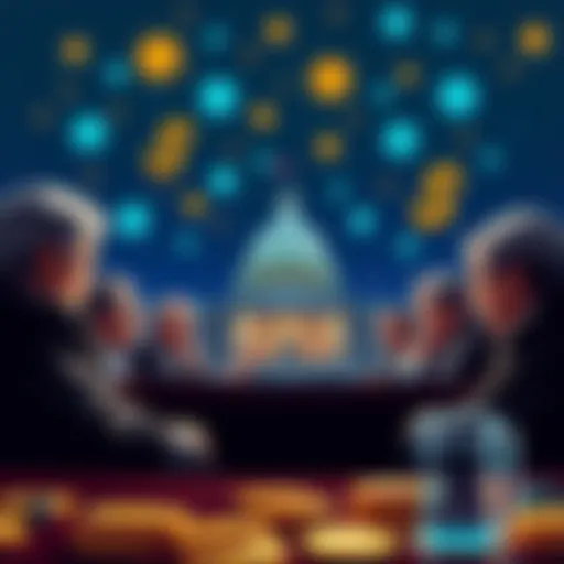 A group of lawmakers discussing cryptocurrency with digital currency symbols in the background