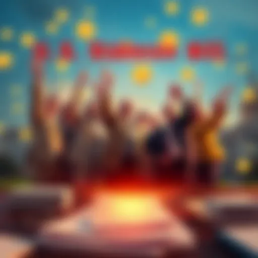 A group of lawmakers celebrating the passage of the U.S. Stablecoin Bill with documents and digital currency symbols in the background