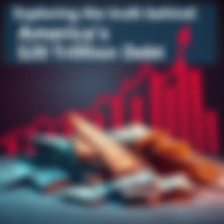 Illustration showing a pile of dollar bills beside a large chart displaying rising debt figures, representing America's national debt.