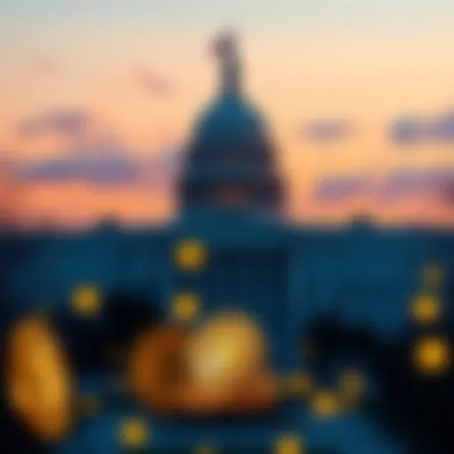 Graphic showing the US government building with Bitcoin symbols surrounding it, indicating potential control over Bitcoin assets.