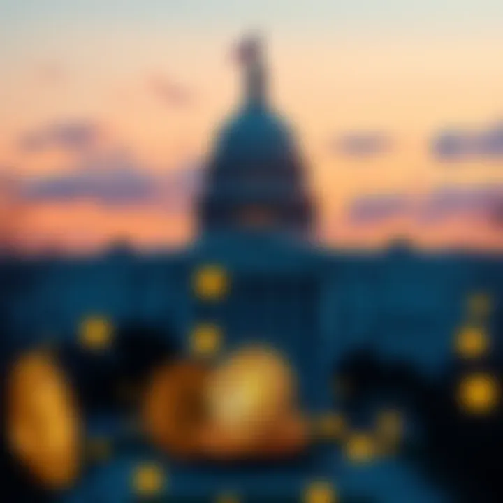 Graphic showing the US government building with Bitcoin symbols surrounding it, indicating potential control over Bitcoin assets.
