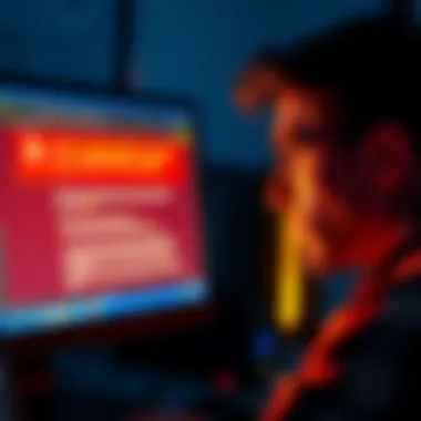 A person looking frustrated at a computer screen displaying an error message about USDT transfer issues.