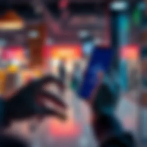 A person making a payment using Nano on their smartphone, showing the app interface with a digital currency logo, showcasing a modern retail environment.