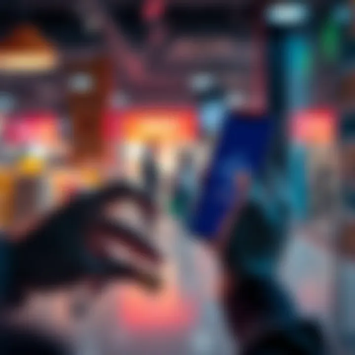 A person making a payment using Nano on their smartphone, showing the app interface with a digital currency logo, showcasing a modern retail environment.