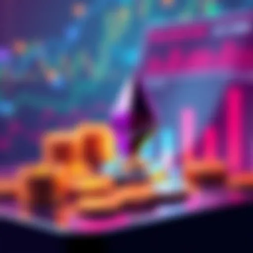 Illustration showing Ethereum validator staking with coins and charts indicating potential returns and fees