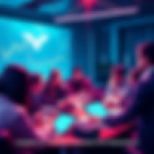 A group of people engaging in a discussion about Vechain technology and updates, with charts and laptops visible