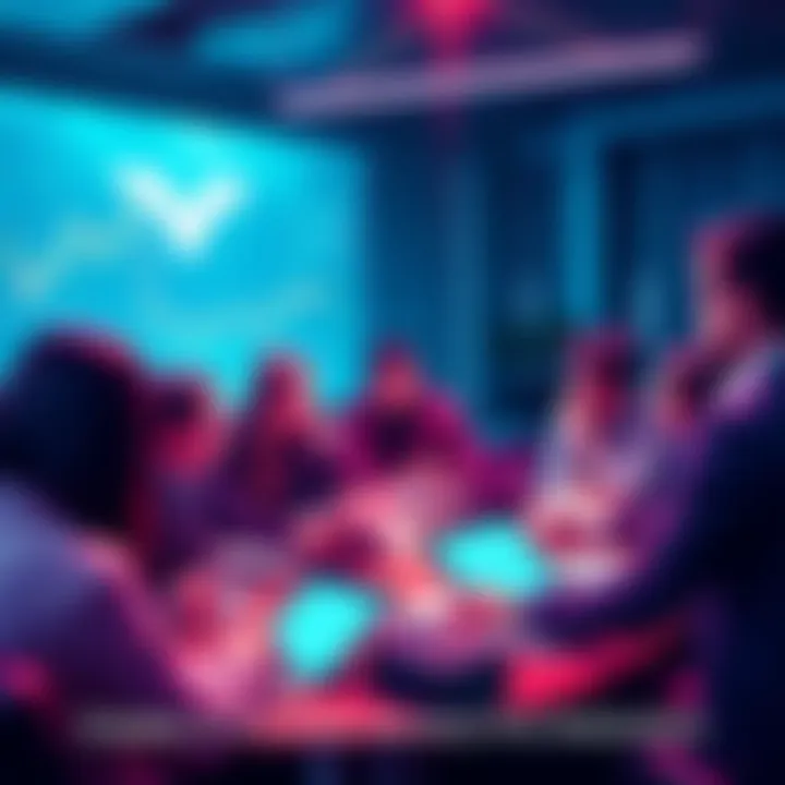 A group of people engaging in a discussion about Vechain technology and updates, with charts and laptops visible