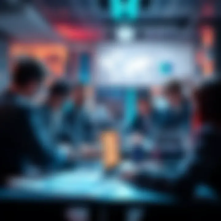 A group of people engaging in a lively discussion about Vechain technology, with charts and laptops visible, highlighting community interaction.