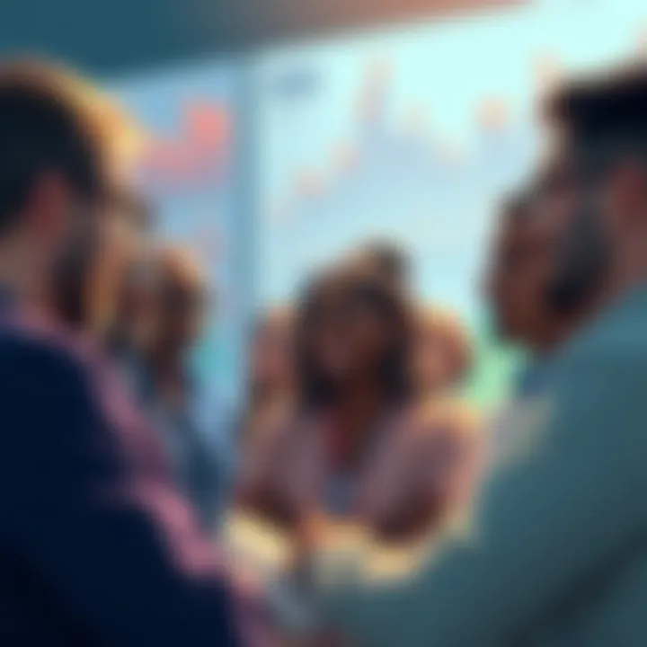 A diverse group of people discussing Vechain updates with charts and graphs in the background.