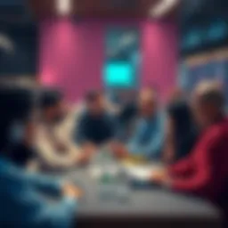 A diverse group of people discussing blockchain technology and VechainThor solutions in a friendly environment.