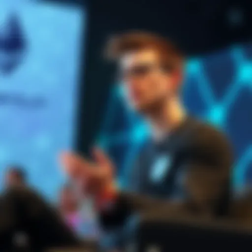 Vitalik Buterin speaking at a conference about Ethereum's decentralization and staking importance