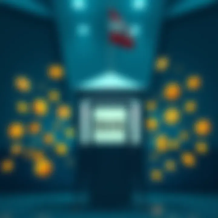 A voting booth with cryptocurrency symbols around it, representing the connection between voting and digital currencies in America.