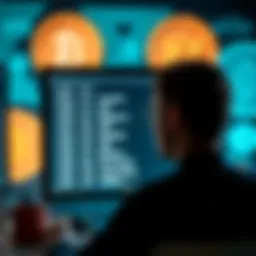 A person looking at a computer screen with a list of twelve words, representing a seed phrase for a cryptocurrency wallet, symbols of XTZ in the background.