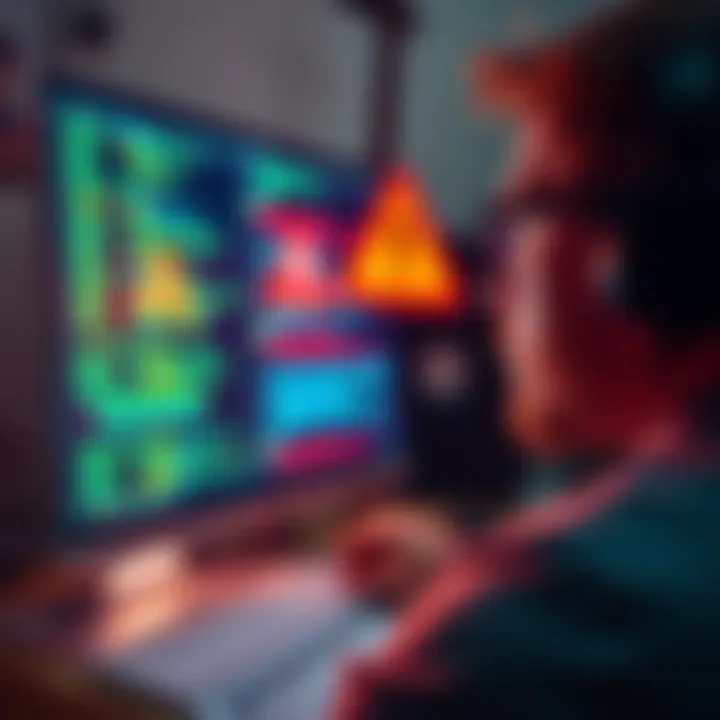 A person looking at a computer screen displaying codes and warning signs related to memecoin sniper bots.