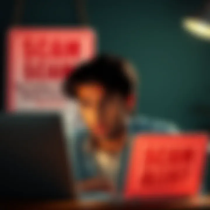 A person looking worried while checking their laptop for potential online scams, with a warning sign in the background