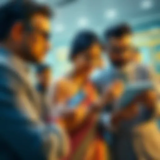 A group of affluent individuals examining cryptocurrency trends on digital devices, leaving behind traditional gold investments.