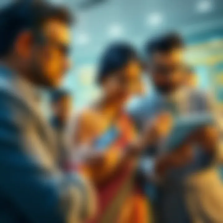 A group of affluent individuals examining cryptocurrency trends on digital devices, leaving behind traditional gold investments.