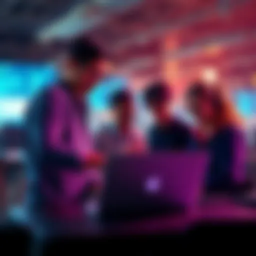 A diverse group of developers collaborating on a Web3 project, discussing codes and ideas around a laptop.