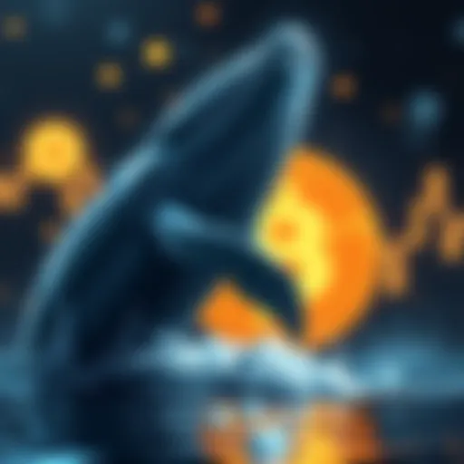 A whale symbolizing a large investor with Bitcoin graphics in the background, showing a downward trend to illustrate loss in investment.