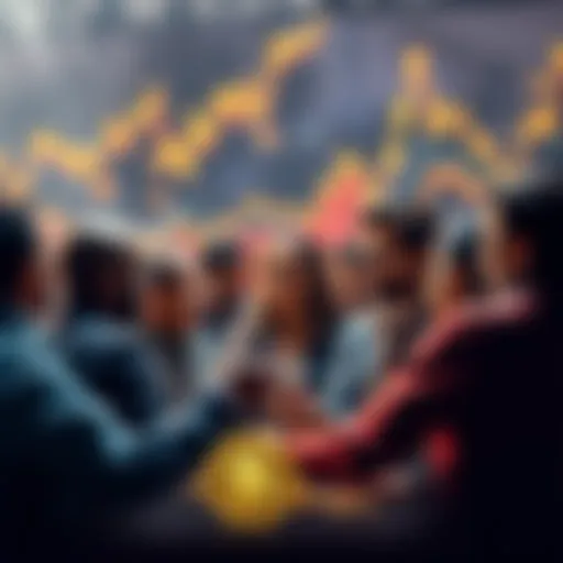 A group of diverse people discussing cryptocurrency trends, with charts and digital coins in the background.