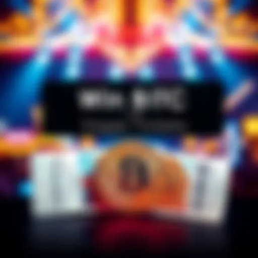A bright graphic showing two Bitcoin symbols alongside tickets for a Las Vegas show, with a festive background