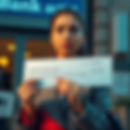 A woman looks frustrated while holding a $3,500 check in front of her bank