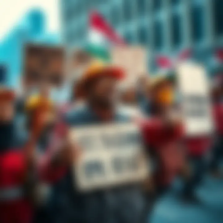 A group of workers holding signs demanding a $1 trillion pay rise to address rising living costs and inflation.