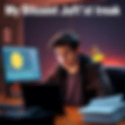 A concerned individual sits at a desk, looking at a Ledger device and a computer screen, appearing anxious about a Bitcoin theft.