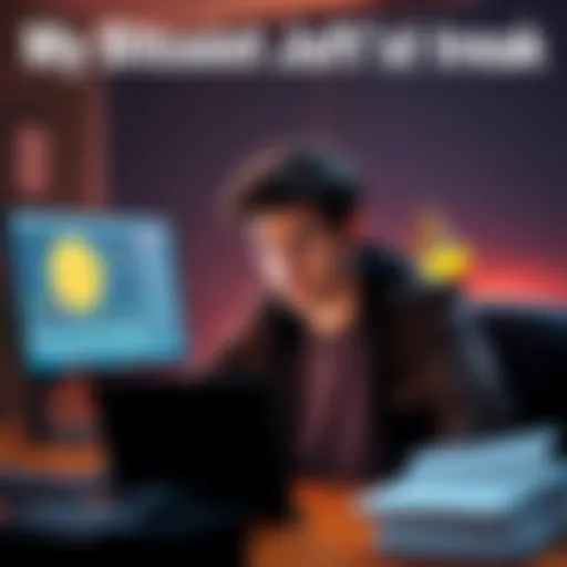 A concerned individual sits at a desk, looking at a Ledger device and a computer screen, appearing anxious about a Bitcoin theft.