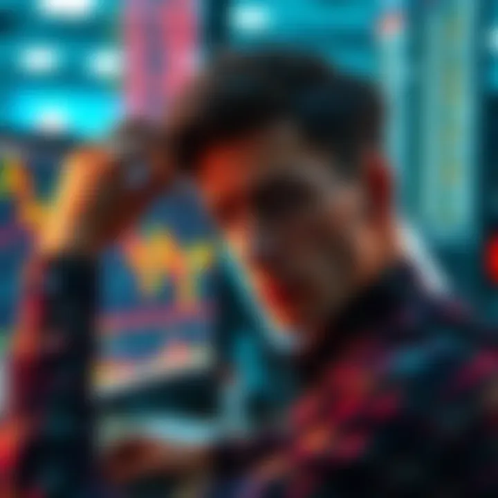A concerned trader stares at a computer screen showing a financial loss, conveying emotional distress from a failed crypto investment.