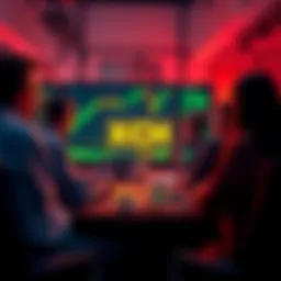 A group of people discussing XCH price movements and trading strategies on a forum, with charts and graphs on a computer screen in the background.