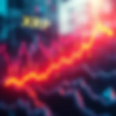 A chart showing the fluctuating value of XRP with upward trends and falling arrows, representing market movements and potential growth.