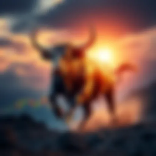 A bull charging upwards with a rising graph overlay, symbolizing XRP's potential price increase in 2025