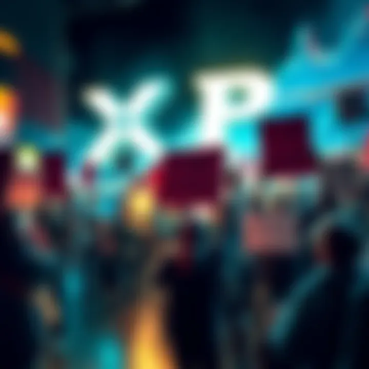 XRP Price Rally People celebrating the rise of XRP price with signs and digital charts reflecting growth, symbolizing a push to reach 2 dollars again.