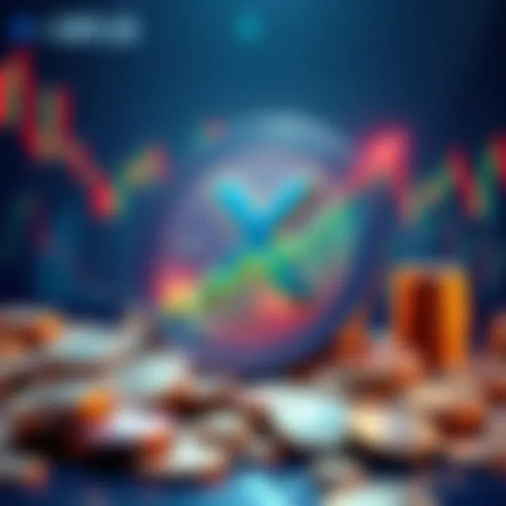 A digital representation of XRP cryptocurrency with a rising graph indicating its price hitting $4, surrounded by coins and financial charts.