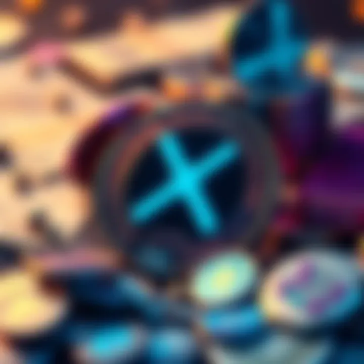 A digital display of XRP tokens symbolizing potential financial solutions for national debt, surrounded by elements of currency and finance.
