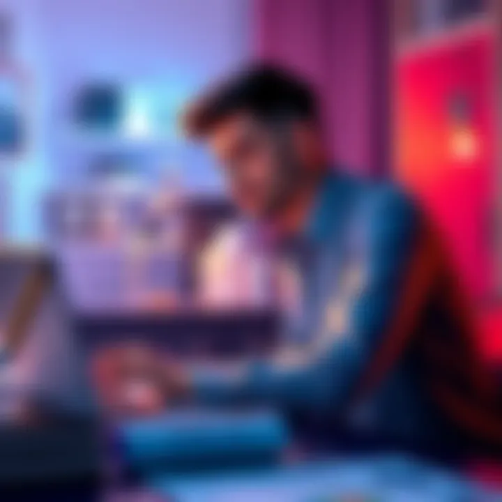 A young man sitting at a table with a laptop and financial documents, looking thoughtful about a loan for cryptocurrency investment.
