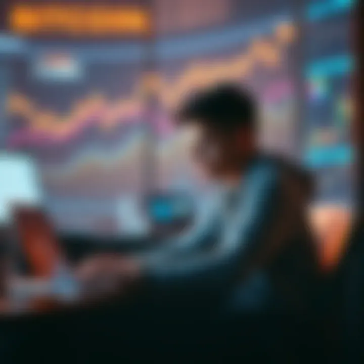 A 19-year-old man sits at a desk with a laptop, looking thoughtful about his Bitcoin investments. Charts and graphs are visible on the screen, showing fluctuations in value.