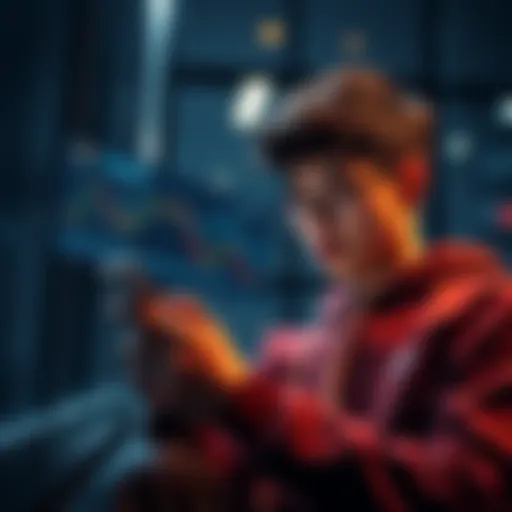 A young investor looking at their phone with charts showing Ethereum price changes after selling their holdings at $3,000, reflecting on their decision.